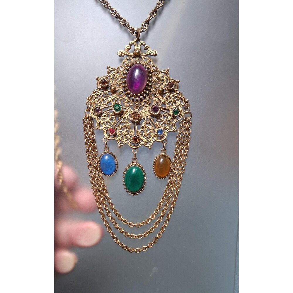 Vintage Czech Rhinestone Dangling Gems & Swag Necklace